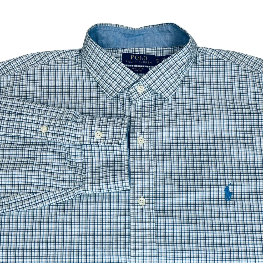 Polo Ralph Lauren Classic Fit Shirt Men XXL Blue White Gray Plaid Stretch Preppy